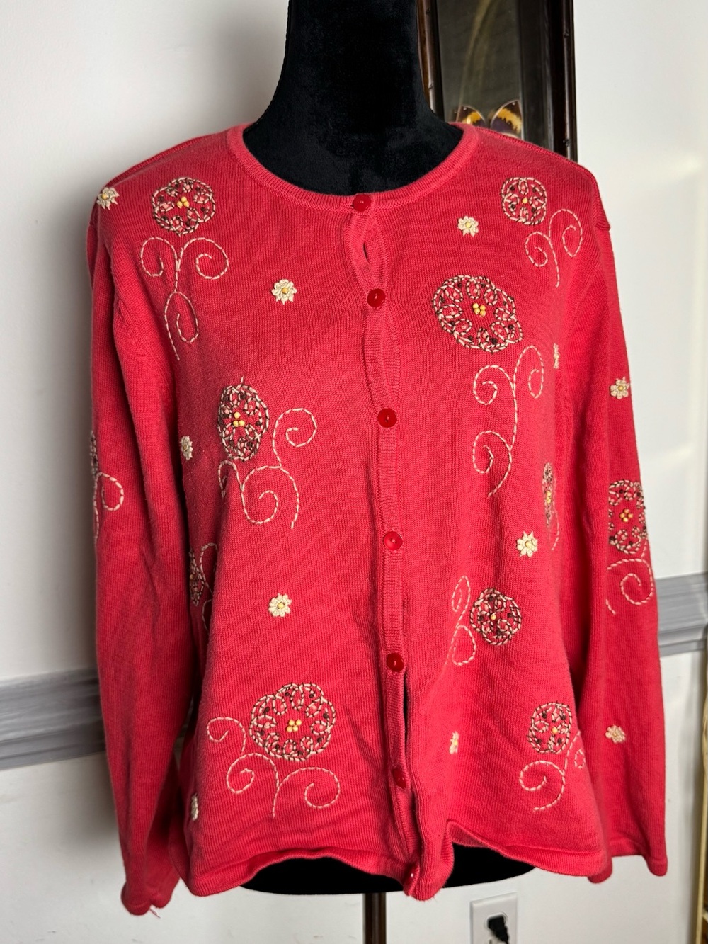 Talbots Red Embroidered Button-Front Cardigan